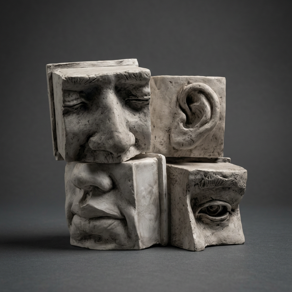 Face props set, 1:4 scale: eyes and nose, ear, mouth and eye pieces stacked, grey studio background