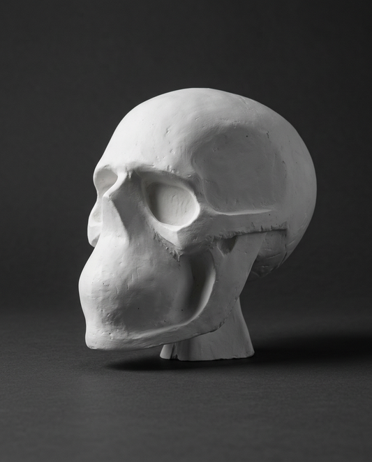 White skull model, 1:4 scale, three quarter view, grey studio background