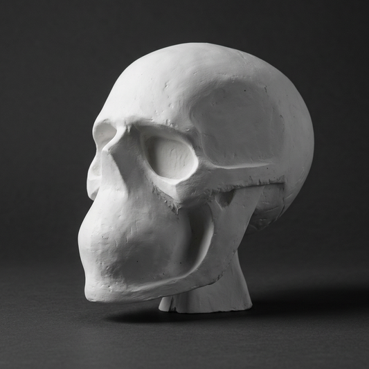 White skull model, 1:4 scale, three quarter view, grey studio background
