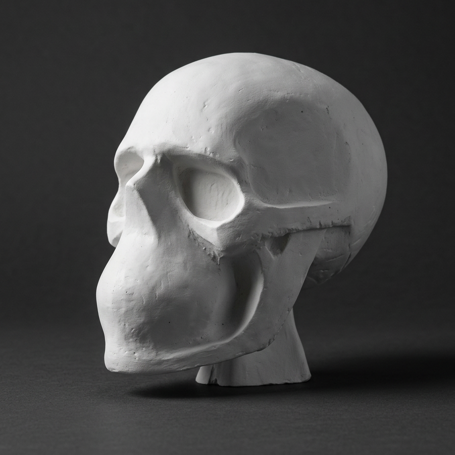 White skull model, 1:4 scale, three quarter view, grey studio background