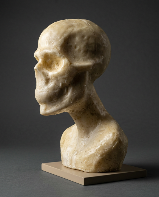 Bust armature, 1:2 scale, on a wooden base, grey studio background