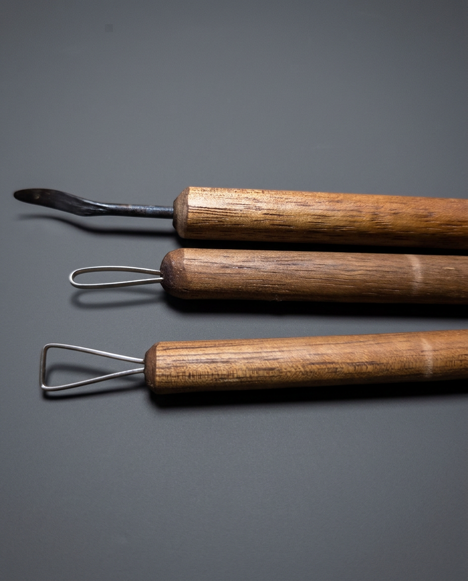 Three clay detailing tools with wooden handles, grey studio background