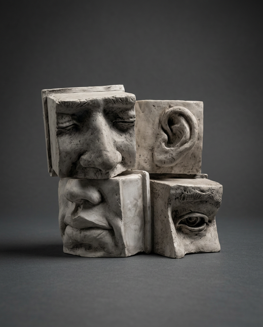Face props set, 1:4 scale: eyes and nose, ear, mouth and eye pieces stacked, grey studio background