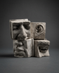 Face props set, 1:4 scale: eyes and nose, ear, mouth and eye pieces stacked, grey studio background