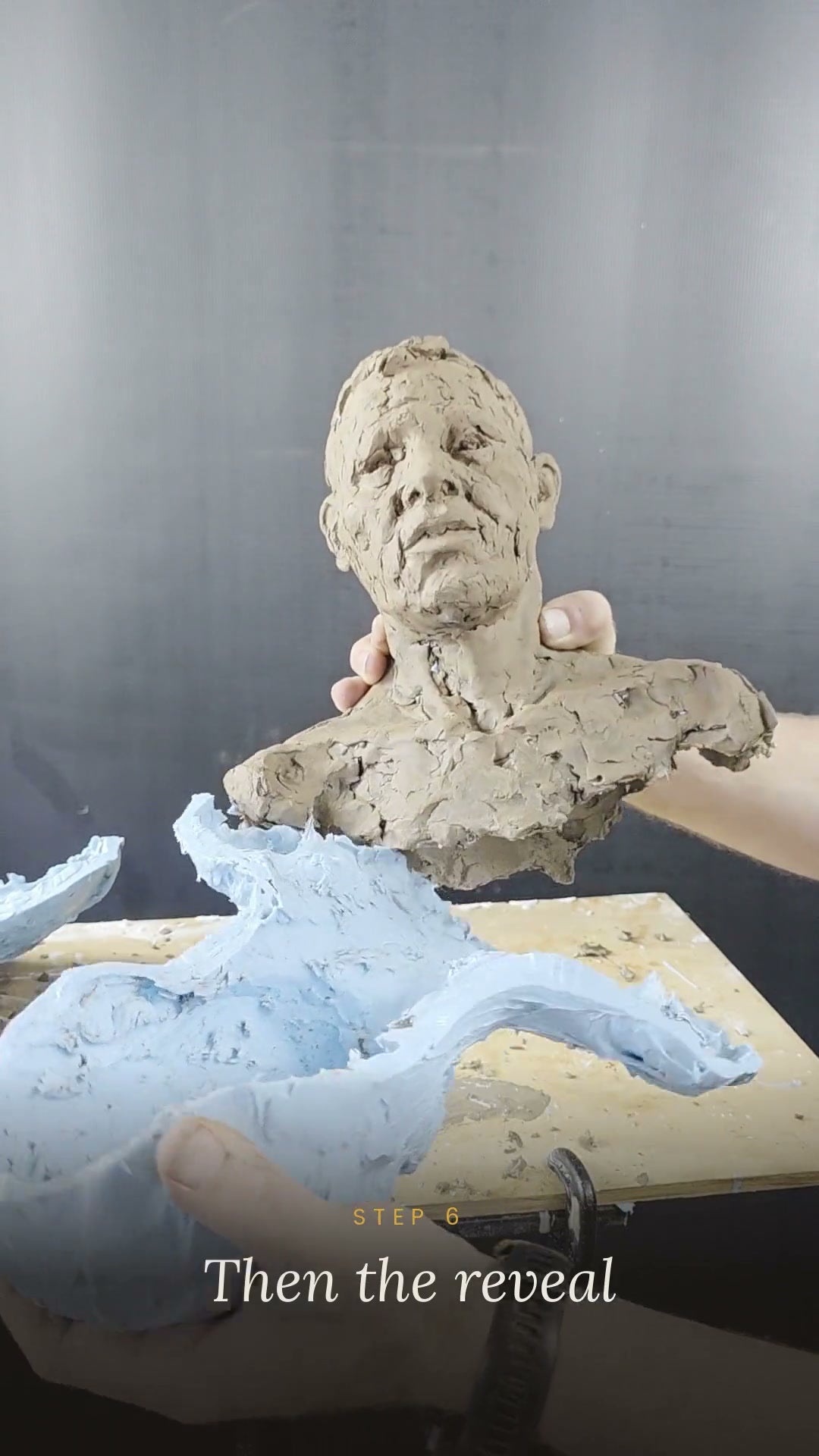 The reveal: the glove comes off the finished cast bust