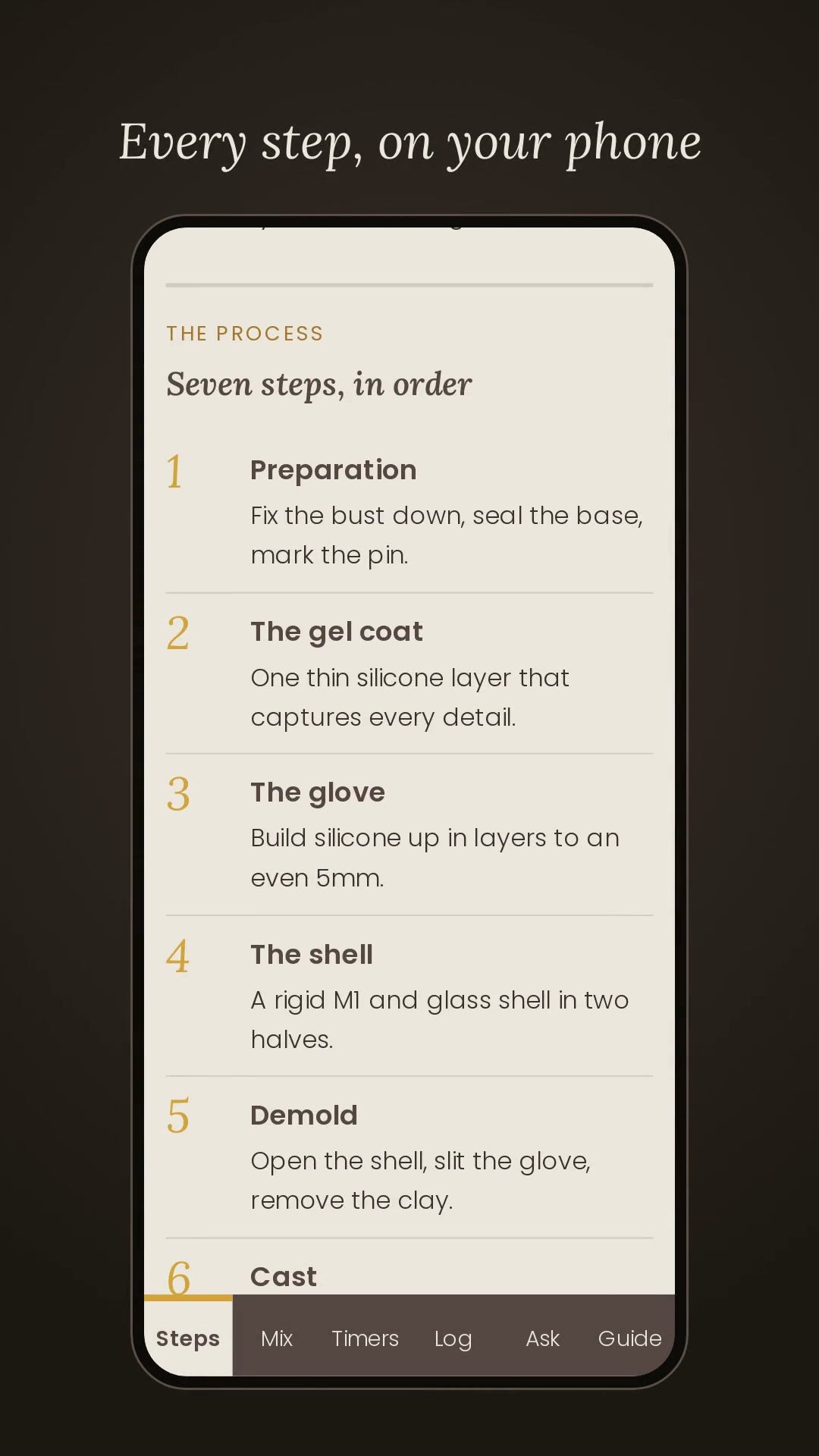 The Mould and Cast app on a phone, showing the seven steps in order