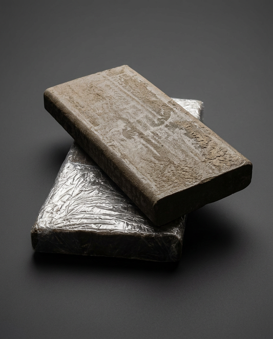 Two blocks of wax based sculpting clay, one in its foil wrap, grey studio background