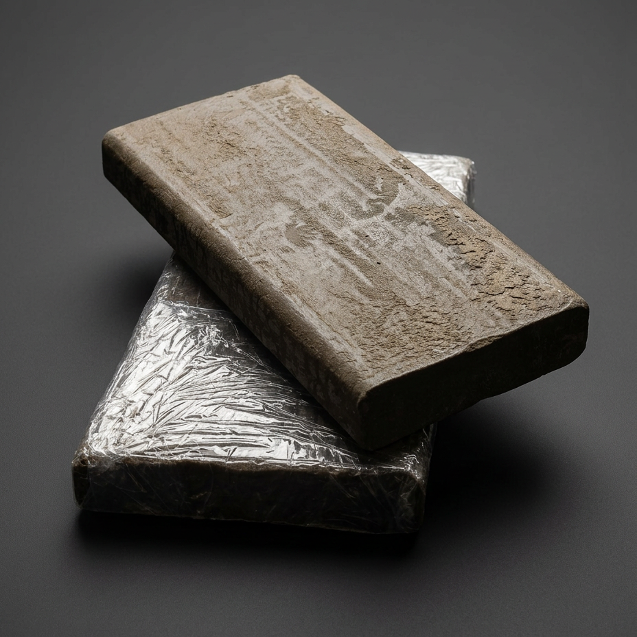 Two blocks of wax based sculpting clay, one in its foil wrap, grey studio background